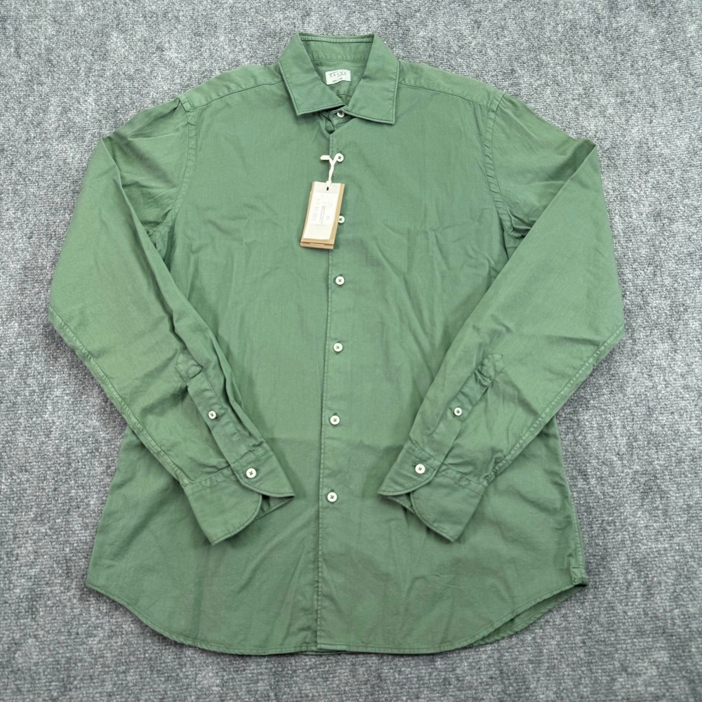 XACUS Shirt Men 15 1/4 40 Green Tailor Washed Cotton Long Sleeve Button Up Italy